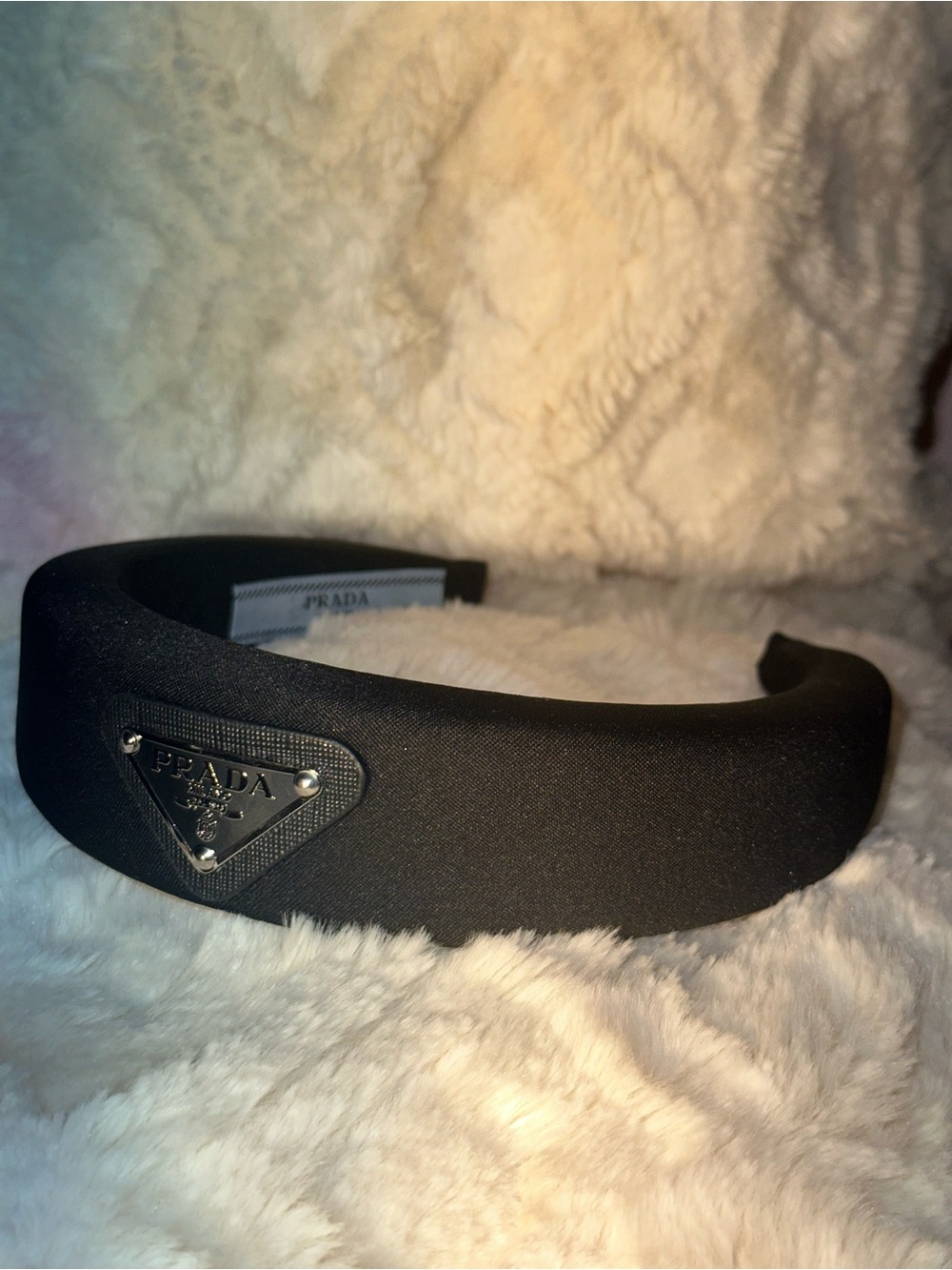 Prada Black Headband with Silver Triangle Logo